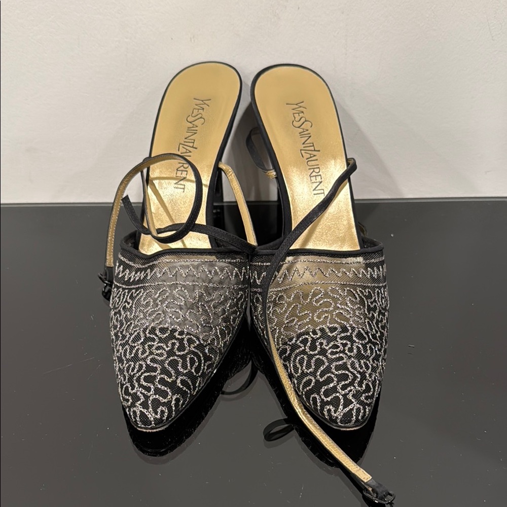 Yves Saint Laurent Black and Gold Mules with Elegant Filigree